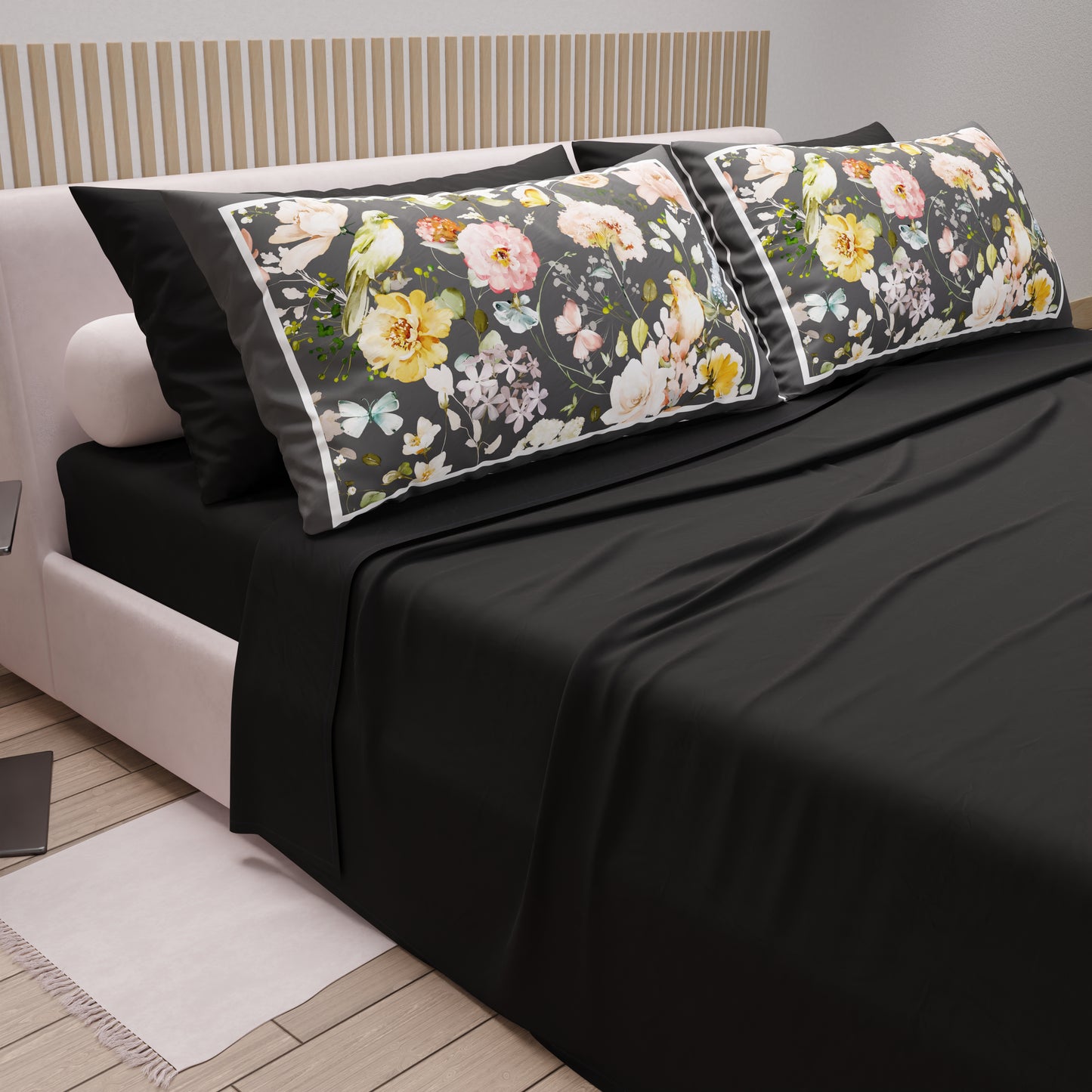 Cotton Sheets, Bed Set with Floral Digital Print Pillowcases 06-Black