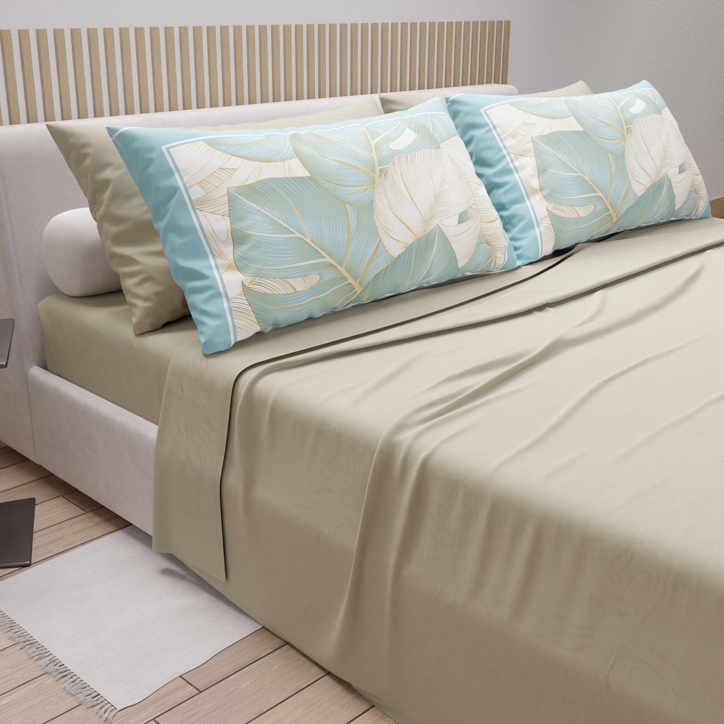 Draps en Coton, Parure de Lit avec Taies d'Oreiller en Impression Numérique Tropical Céleste-Or