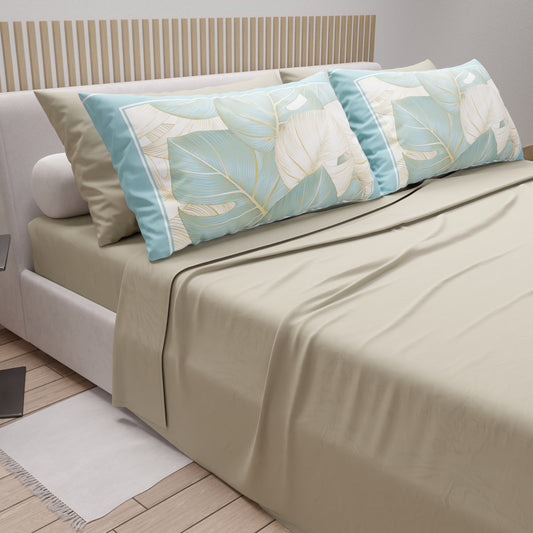 Draps en Coton, Parure de Lit avec Taies d'Oreiller en Impression Numérique Tropical Céleste-Or