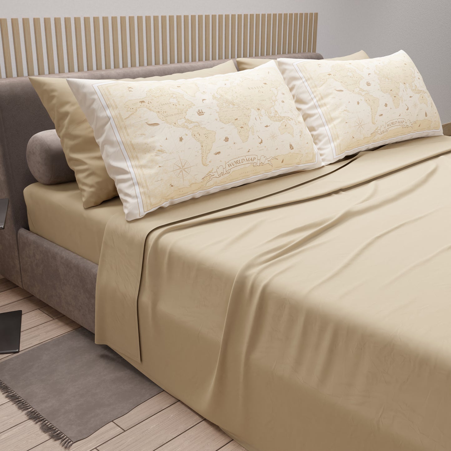 Draps en Coton, Parure de Lit avec Taies d'Oreiller en Impression Numérique World Beige