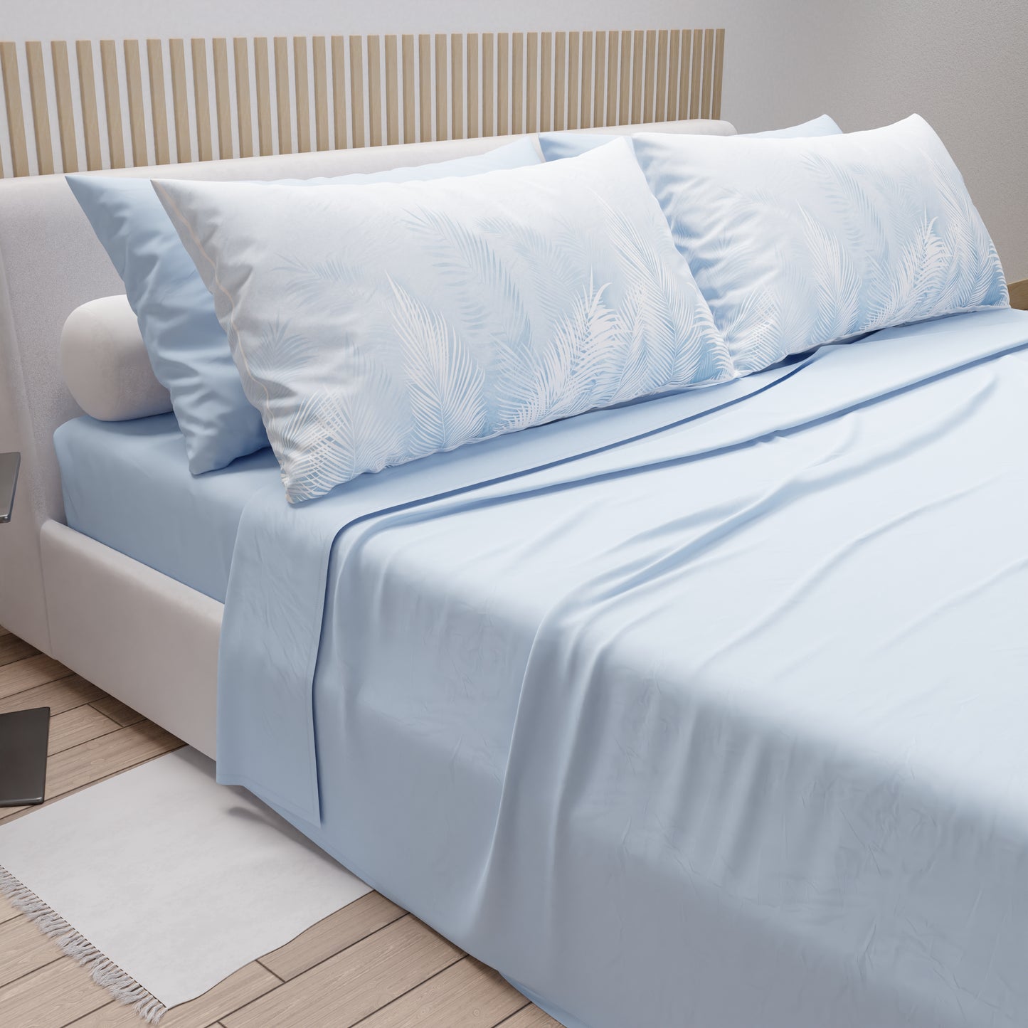 Draps en Coton, Parure de Lit avec Taies d'Oreiller en Impression Numérique Feuille Céleste