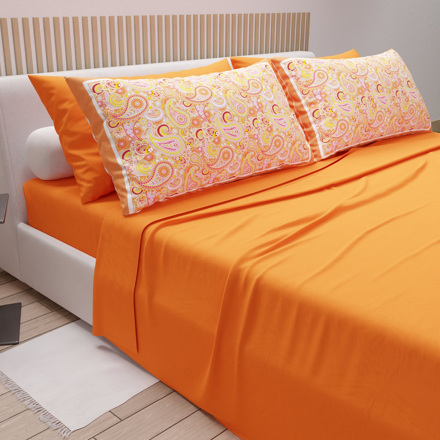 Draps en Coton, Parure de Lit avec Taies d'Oreiller en Impression Digitale Paisley Orange