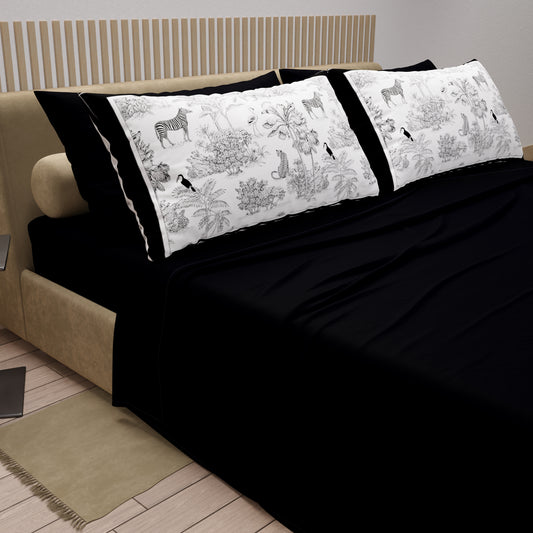 Draps en Coton, Parure de Lit avec Taies d'Oreiller en Impression Digitale Animalier Noir