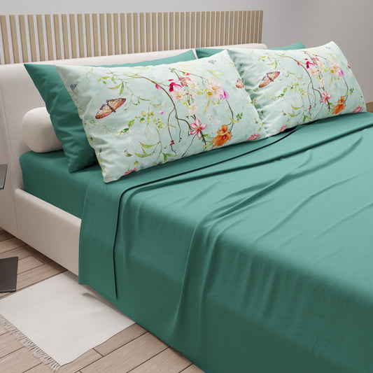 Draps en coton, parure de lit avec taies d'oreiller en impression numérique Spring Aigue-marine