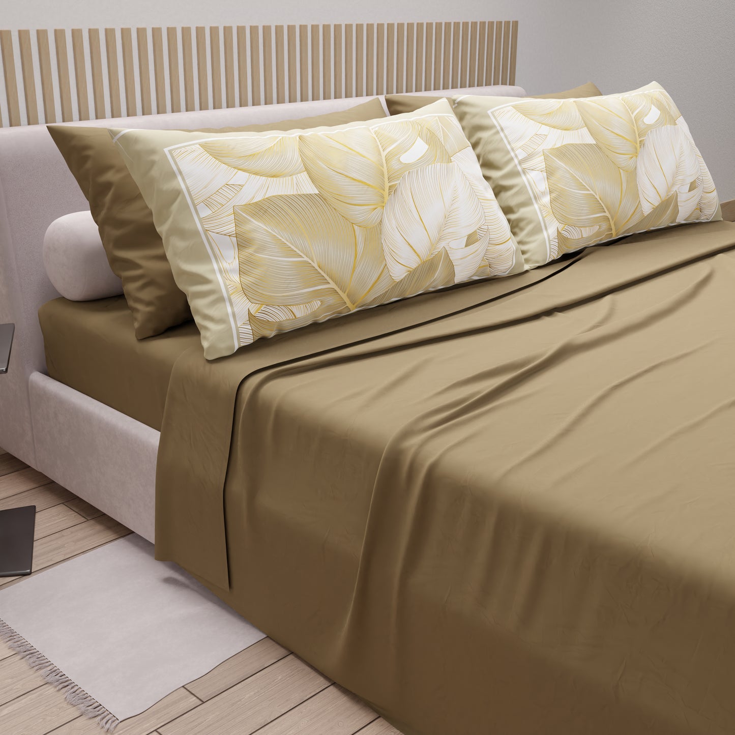 Lenzuola in Cotone, Completo Letto con Federe in Stampa Digitale Tropical Tortora-Oro