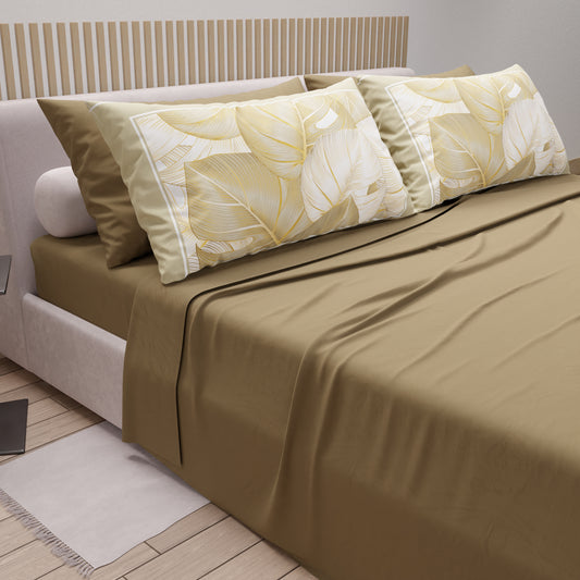 Draps en Coton, Parure de Lit avec Taies d'Oreiller en Impression Numérique Tropical Taupe-Or