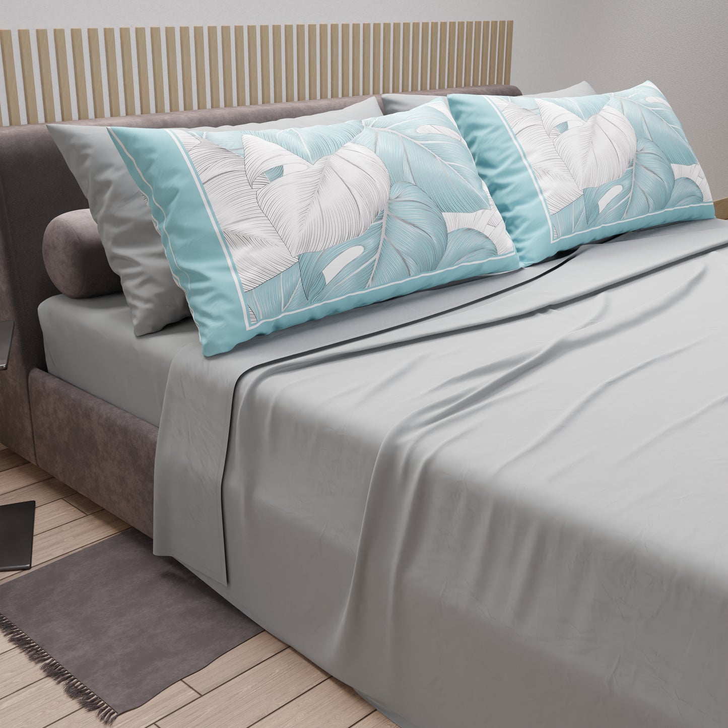 Lenzuola in Cotone, Completo Letto con Federe in Stampa Digitale Tropical Celeste-Argento