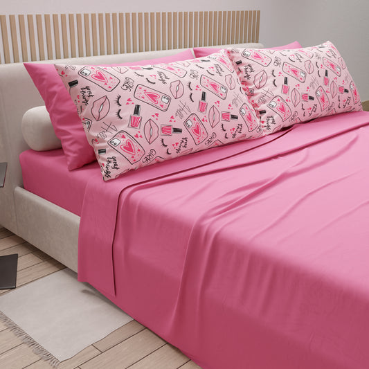 Lenzuola in Cotone, Completo Letto con Federe in Stampa Digitale Lipstick Rosa