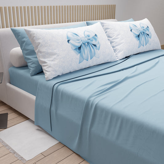 Lenzuola in Cotone, Completo Letto con Federe in Stampa Digitale Fiocco Celeste