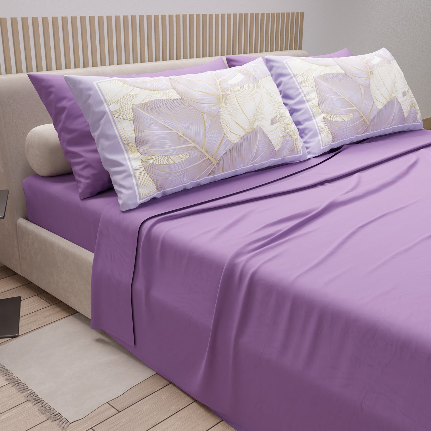 Draps en Coton, Parure de Lit avec Taies d'Oreiller en Impression Numérique Tropical Lila-Or