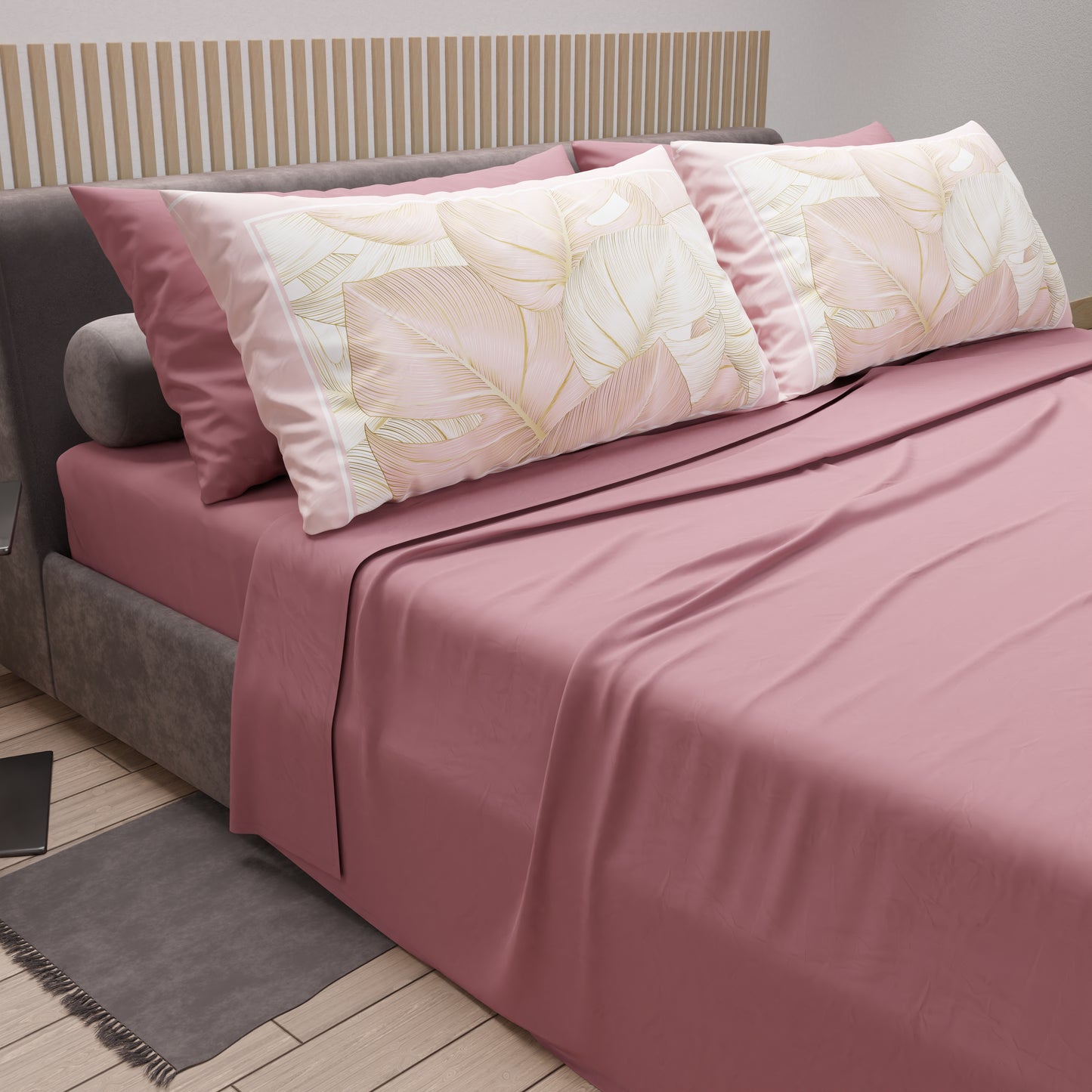 Draps en Coton, Parure de Lit avec Taies d'Oreiller en Impression Numérique Tropical Poudré-Or
