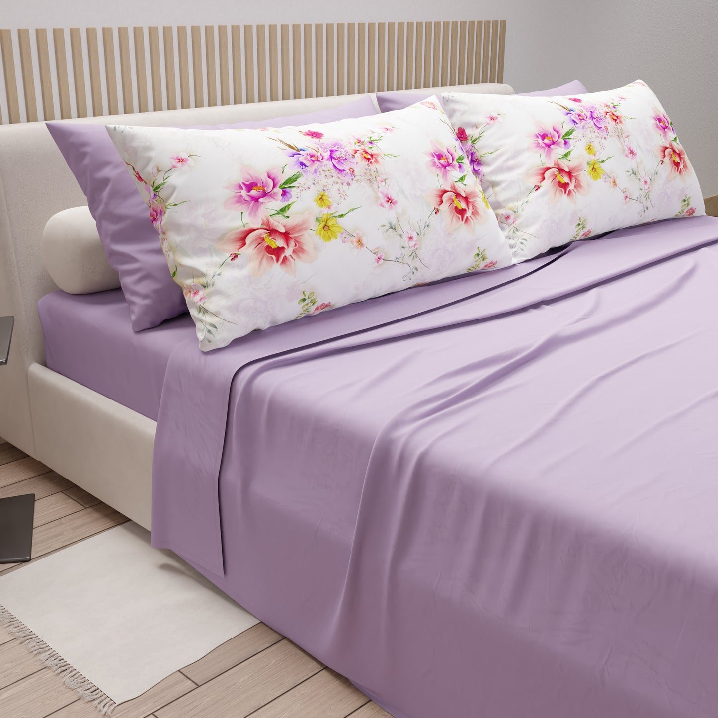 Cotton Sheets, Bed Set with Spring White Digital Print Pillowcases