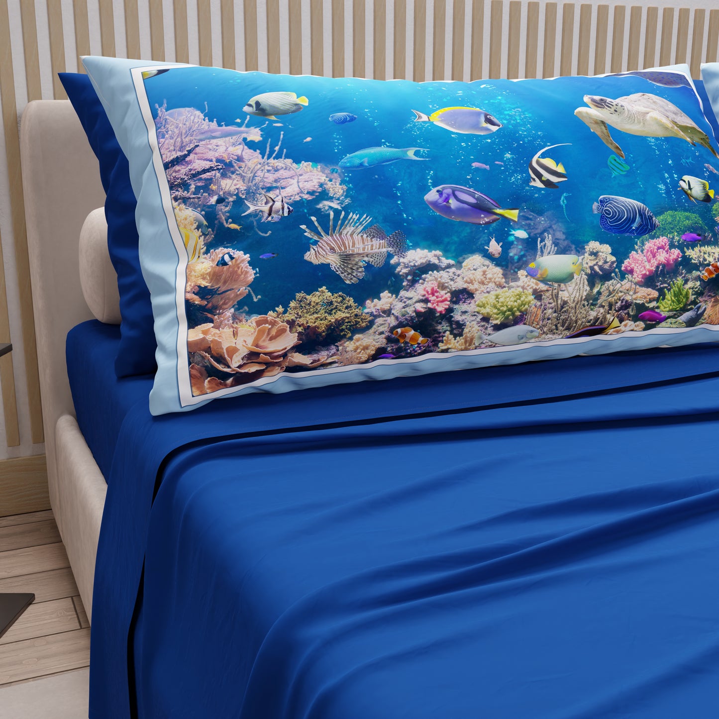 Lenzuola in Cotone, Completo Letto con Federe in Stampa Digitale Acquario
