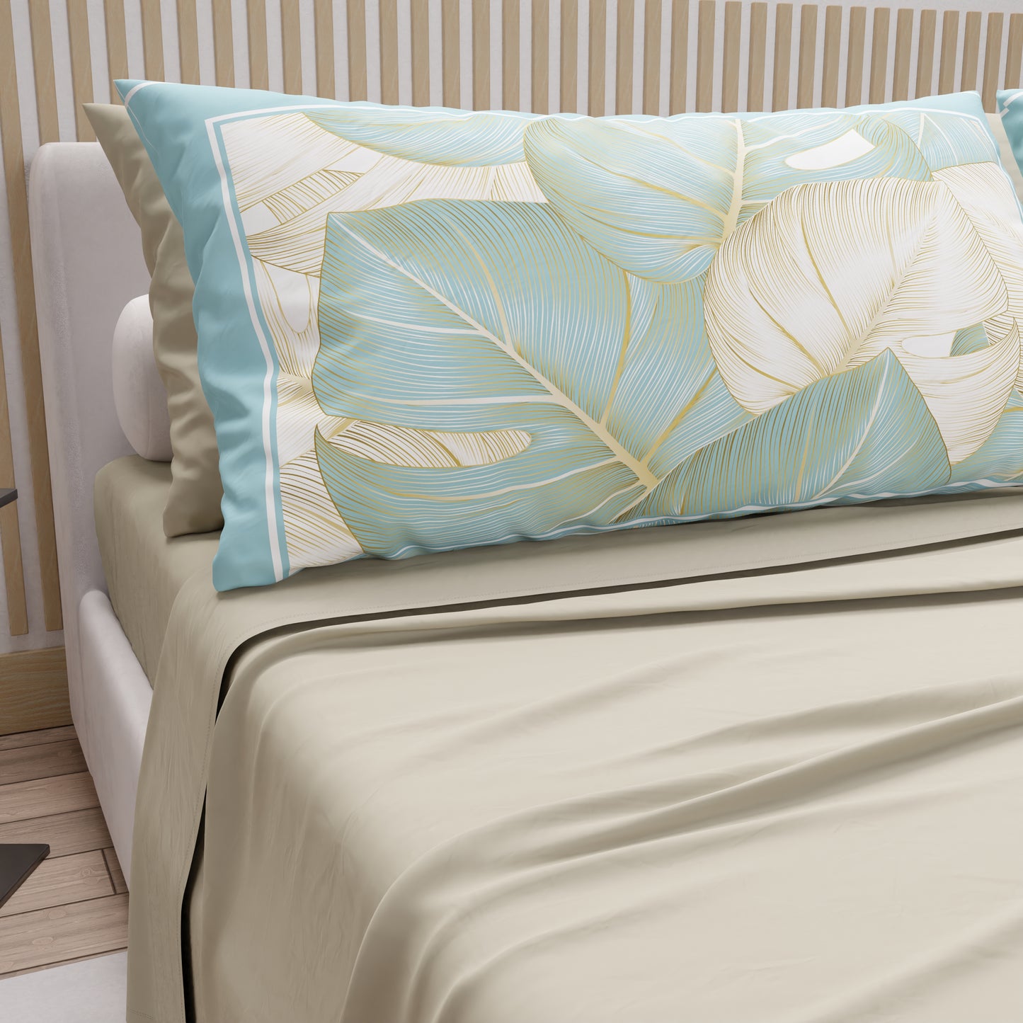 Draps en Coton, Parure de Lit avec Taies d'Oreiller en Impression Numérique Tropical Céleste-Or