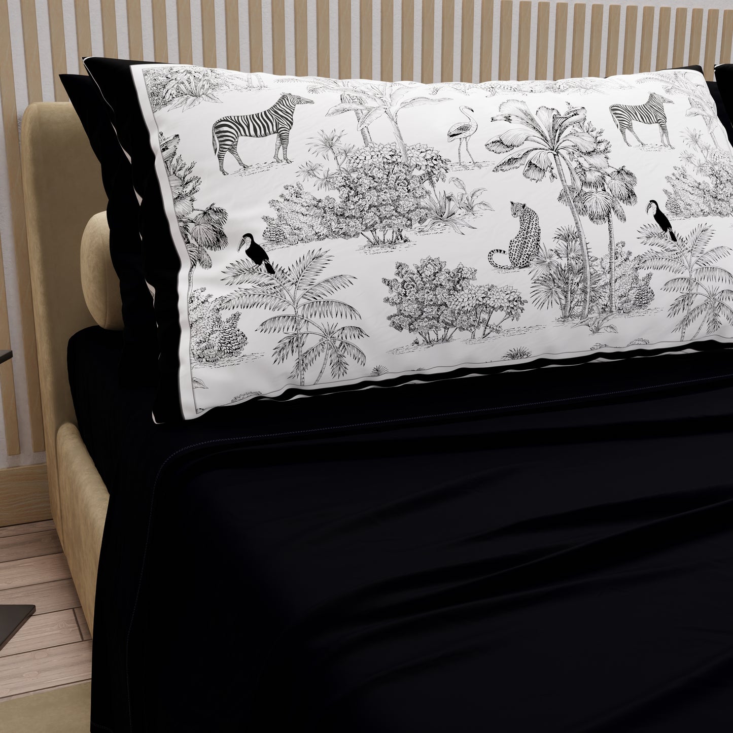 Lenzuola in Cotone, Completo Letto con Federe in Stampa Digitale Animalier Nero