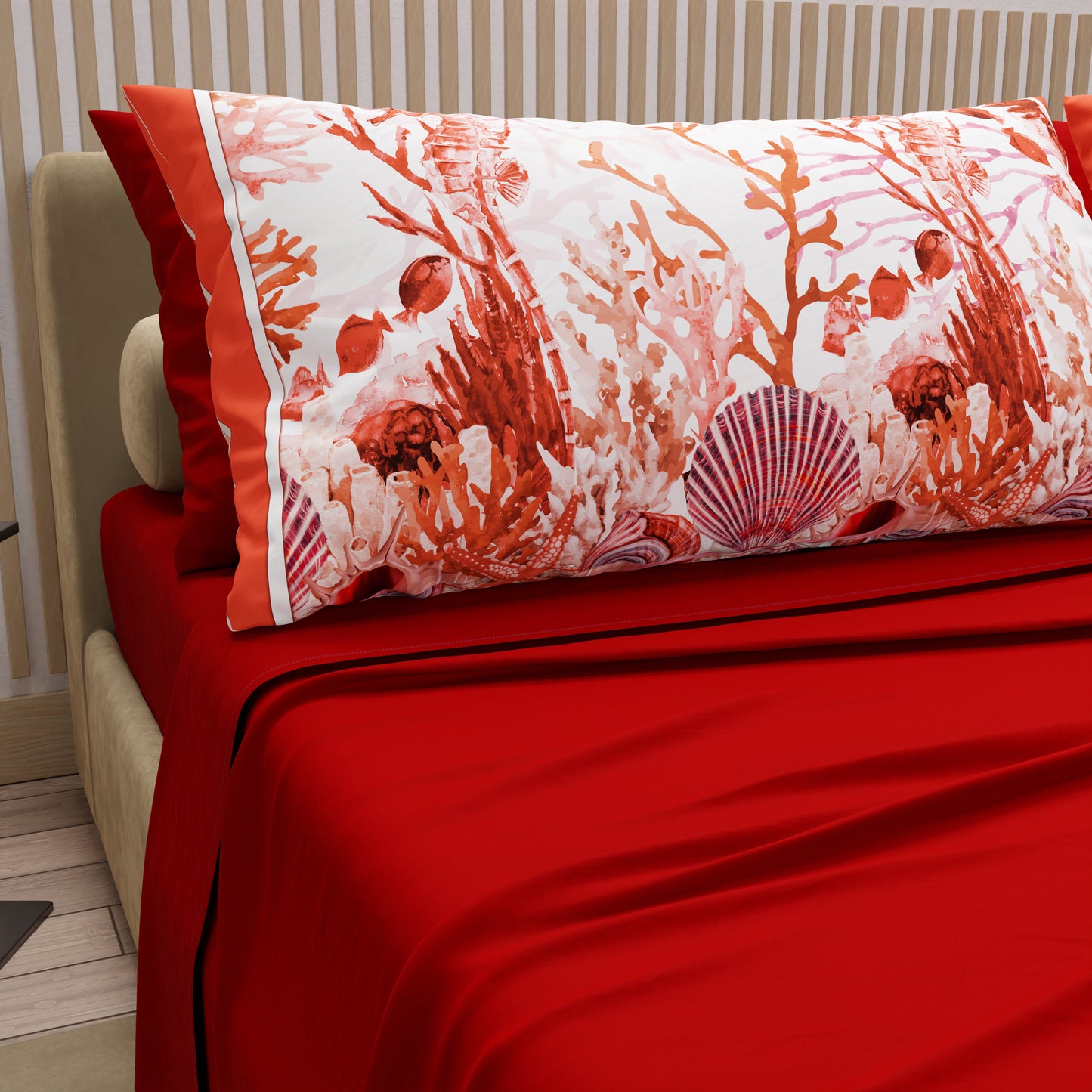 Lenzuola in Cotone, Completo Letto con Federe in Stampa Digitale Corallo Rosso