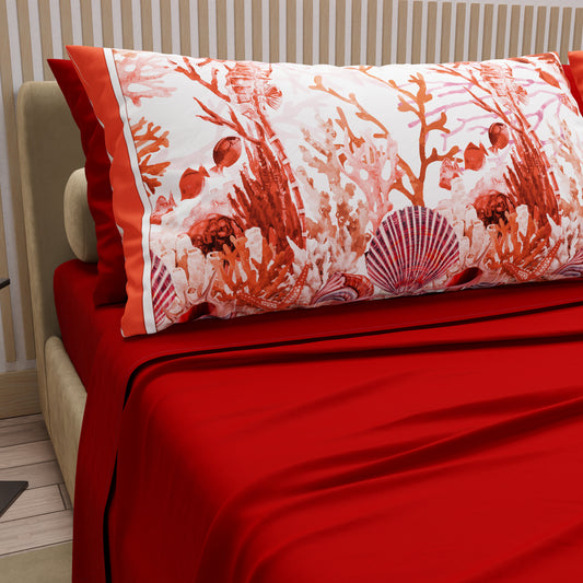 Draps en Coton, Parure de Lit avec Taies d'Oreiller en Impression Numérique Corail Rouge