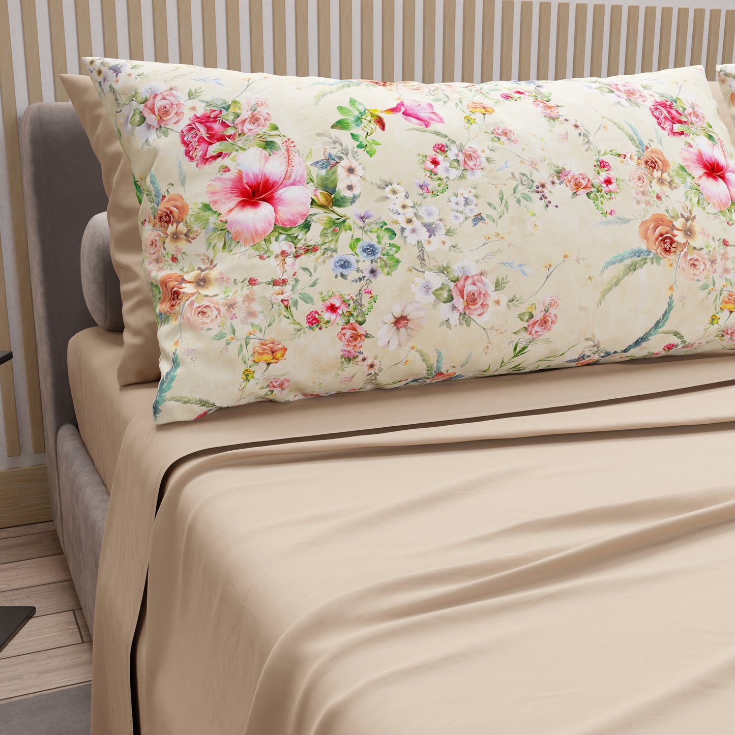 Lenzuola in Cotone, Completo Letto con Federe in Stampa Digitale Spring Tortora