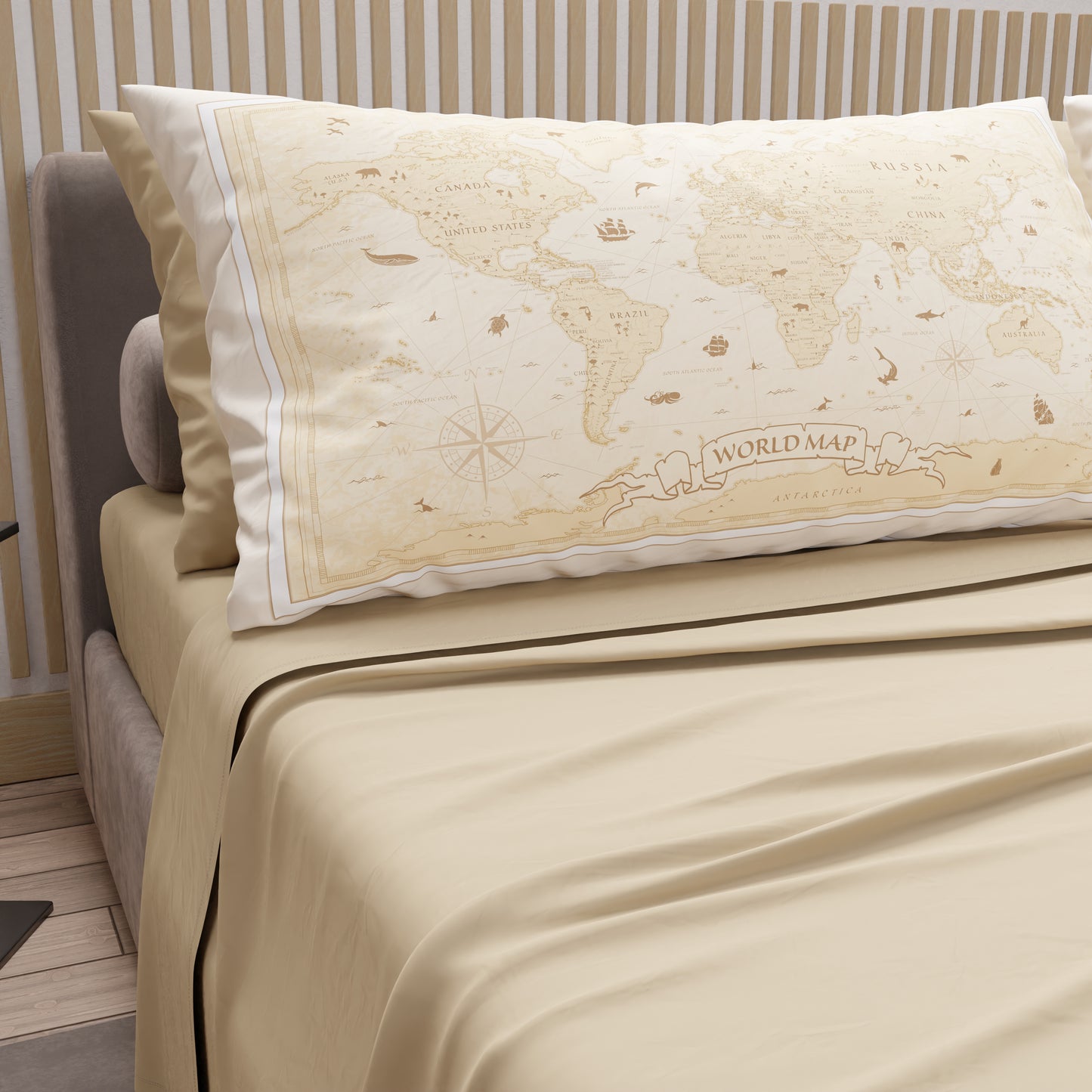 Draps en Coton, Parure de Lit avec Taies d'Oreiller en Impression Numérique World Beige