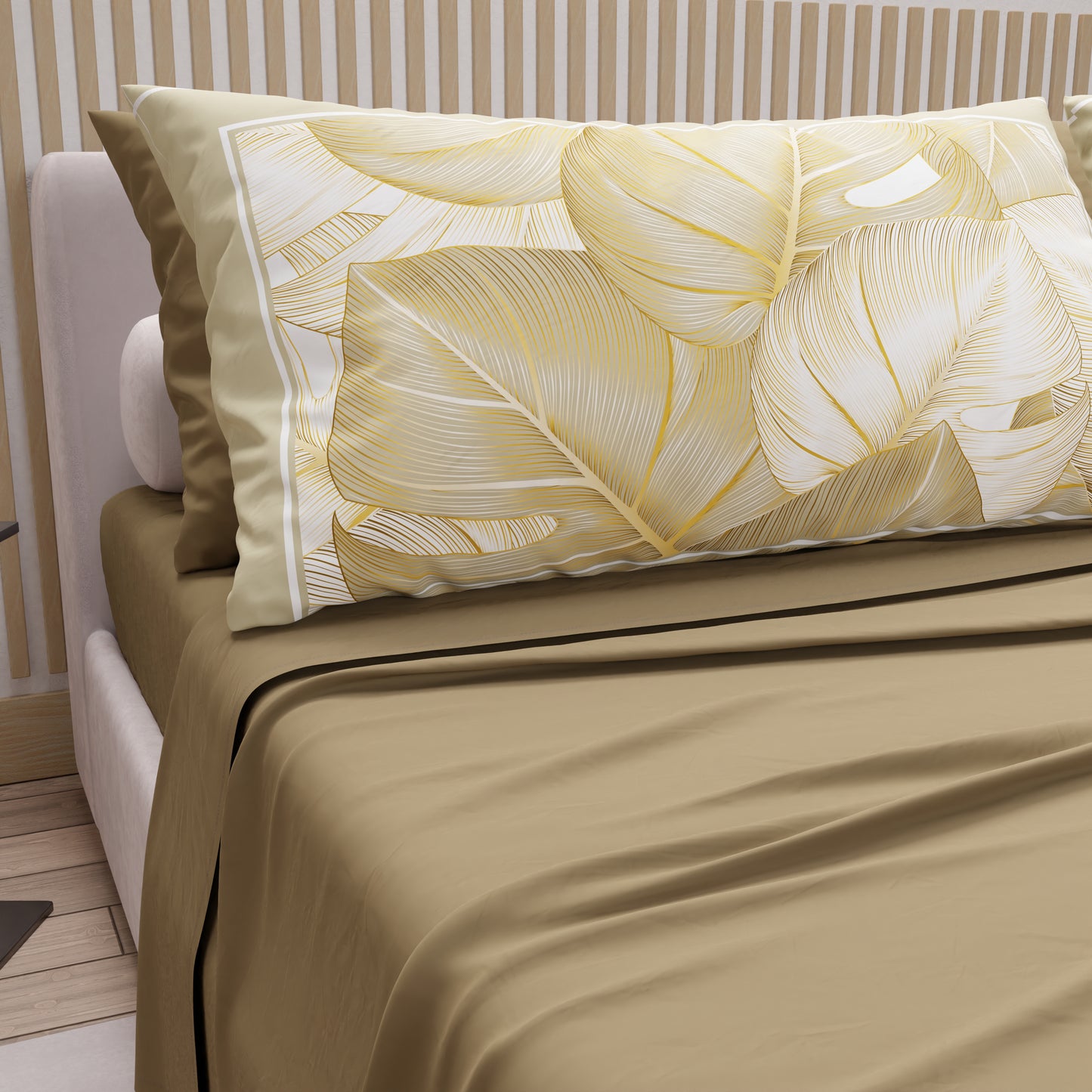 Lenzuola in Cotone, Completo Letto con Federe in Stampa Digitale Tropical Tortora-Oro