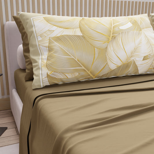Draps en Coton, Parure de Lit avec Taies d'Oreiller en Impression Numérique Tropical Taupe-Or