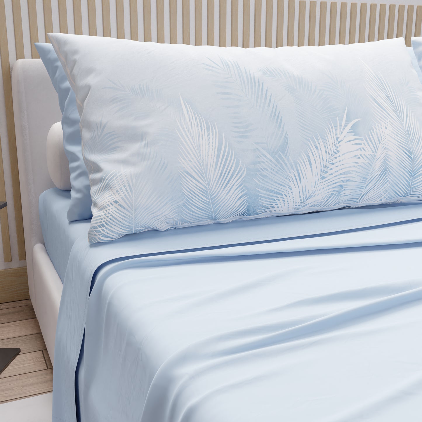 Draps en Coton, Parure de Lit avec Taies d'Oreiller en Impression Numérique Feuille Céleste