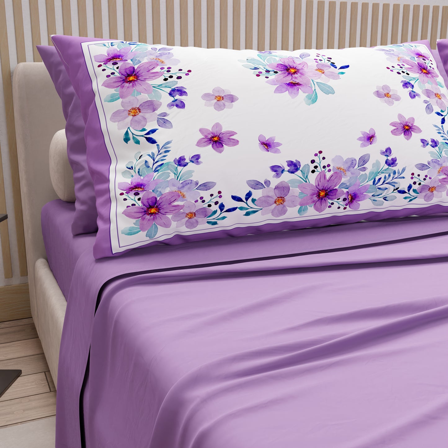 Lenzuola in Cotone, Completo Letto con Federe in Stampa Digitale Floreale Viola
