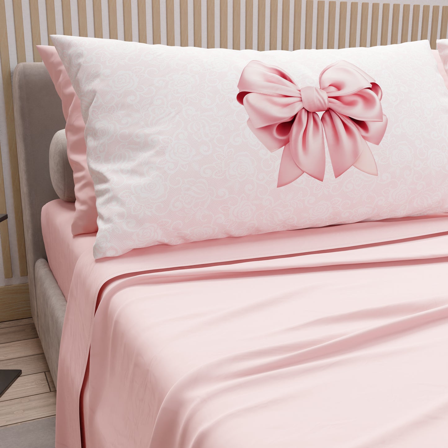 Lenzuola in Cotone, Completo Letto con Federe in Stampa Digitale Fiocco Rosa