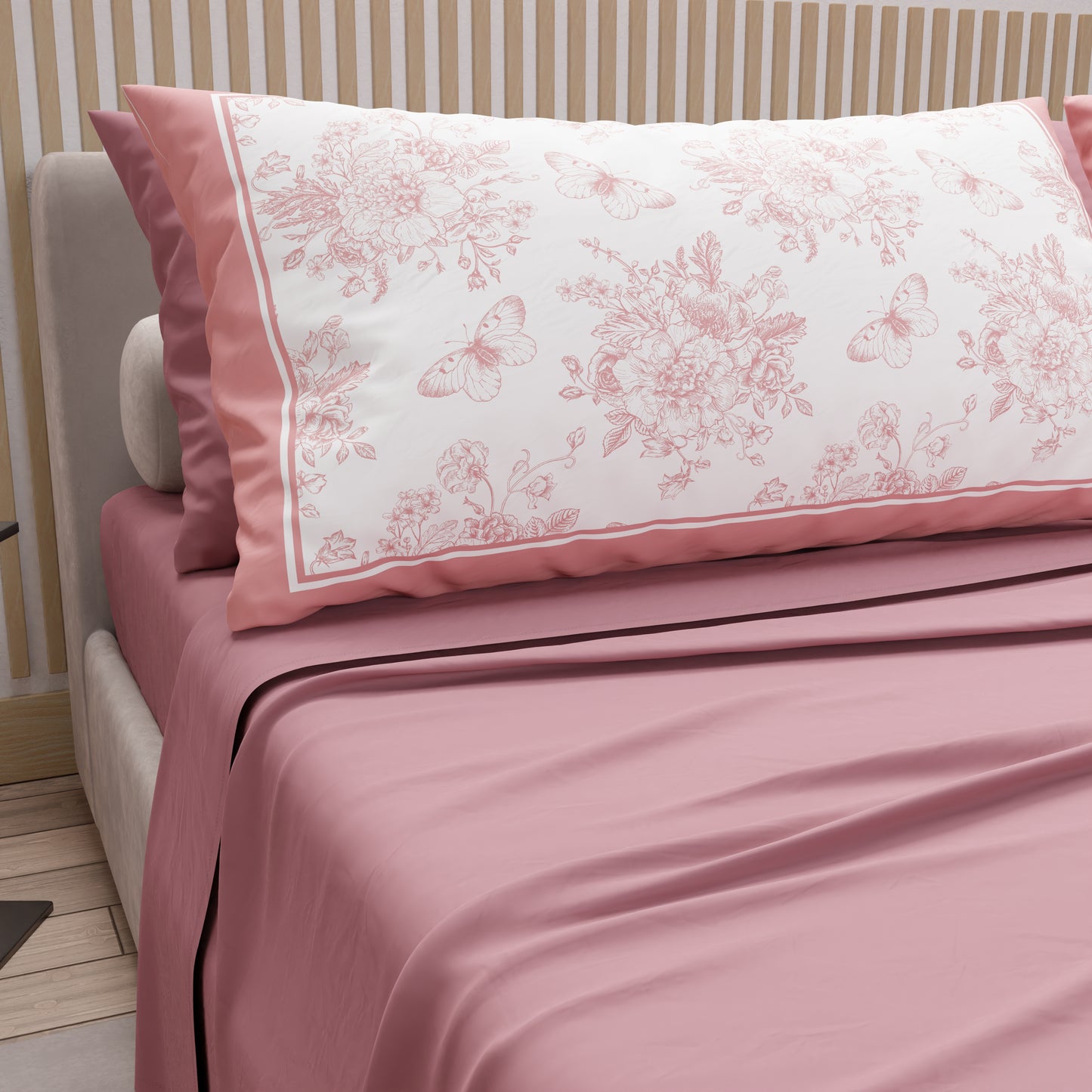 Lenzuola in Cotone, Completo Letto con Federe in Stampa Digitale Botanic Rosa