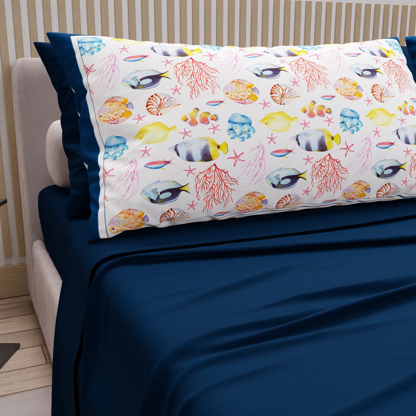 Draps en Coton, Parure de Lit avec Taies d'Oreiller en Impression Digitale Marino 05