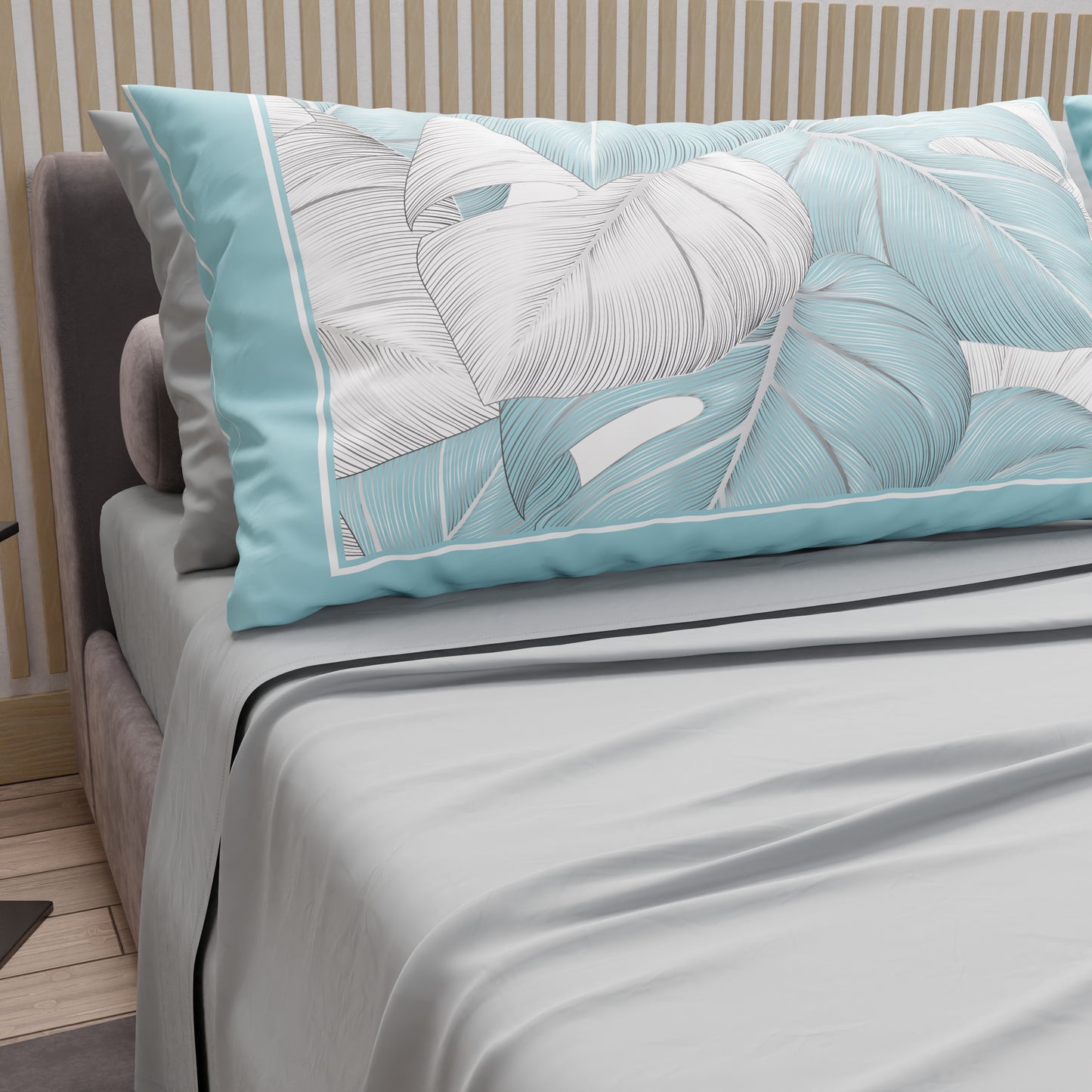 Lenzuola in Cotone, Completo Letto con Federe in Stampa Digitale Tropical Celeste-Argento