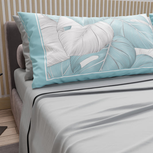 Lenzuola in Cotone, Completo Letto con Federe in Stampa Digitale Tropical Celeste-Argento