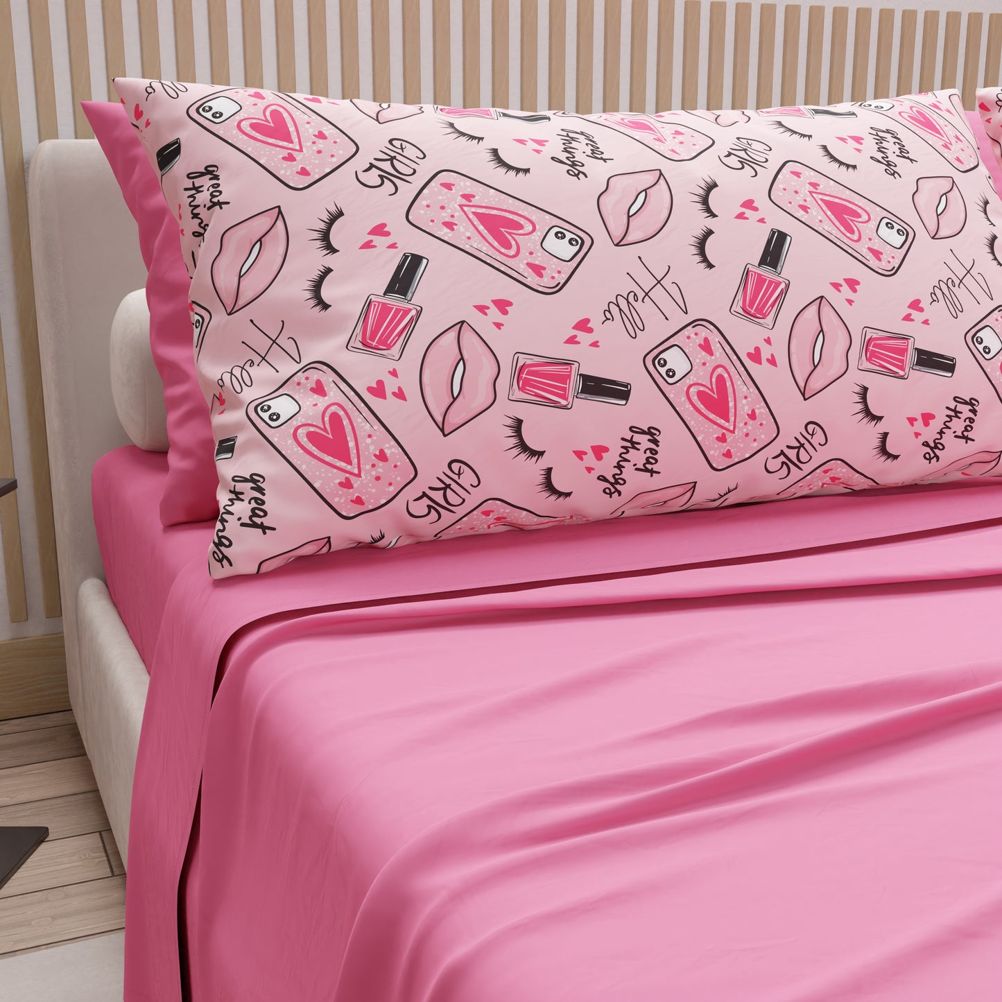 Lenzuola in Cotone, Completo Letto con Federe in Stampa Digitale Lipstick Rosa