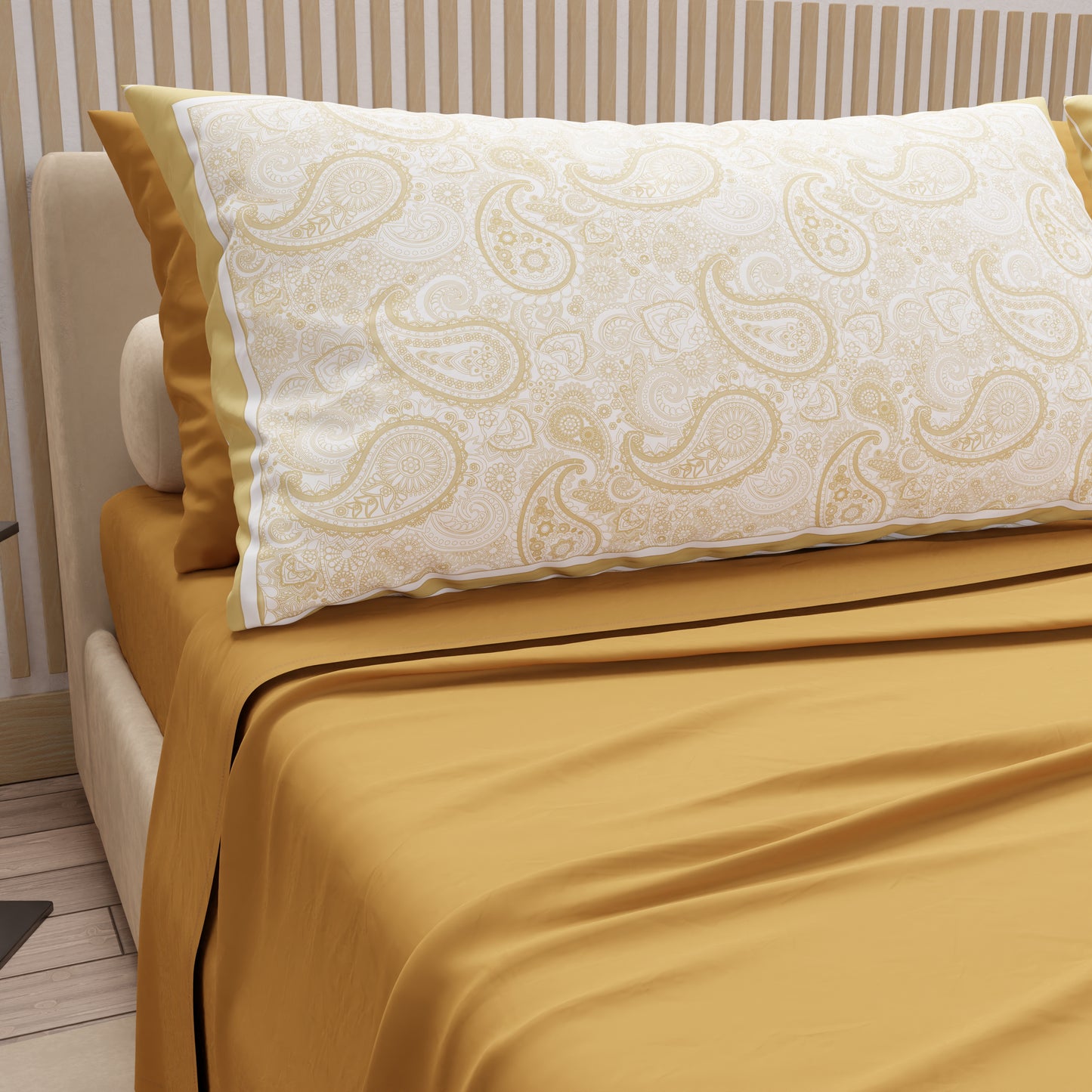 Lenzuola in Cotone, Completo Letto con Federe in Stampa Digitale Paisley Beige