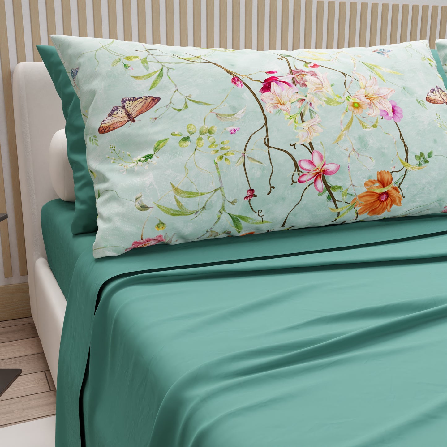Lenzuola in Cotone, Completo Letto con Federe in Stampa Digitale Spring Acquamarina