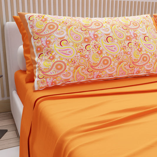 Lenzuola in Cotone, Completo Letto con Federe in Stampa Digitale Paisley Arancio