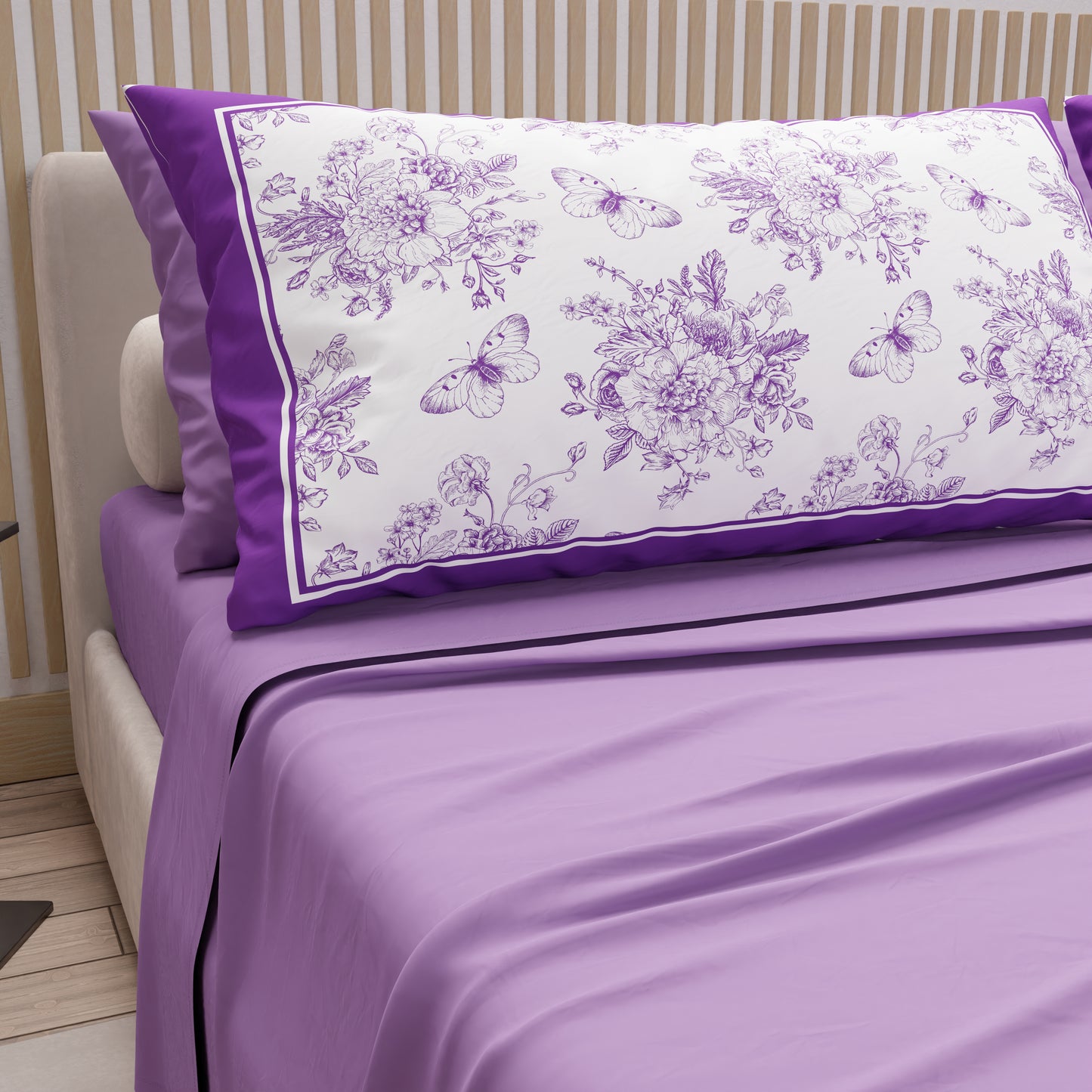 Draps en Coton, Parure de Lit avec Taies d'Oreiller en Impression Digitale Botanique Violette