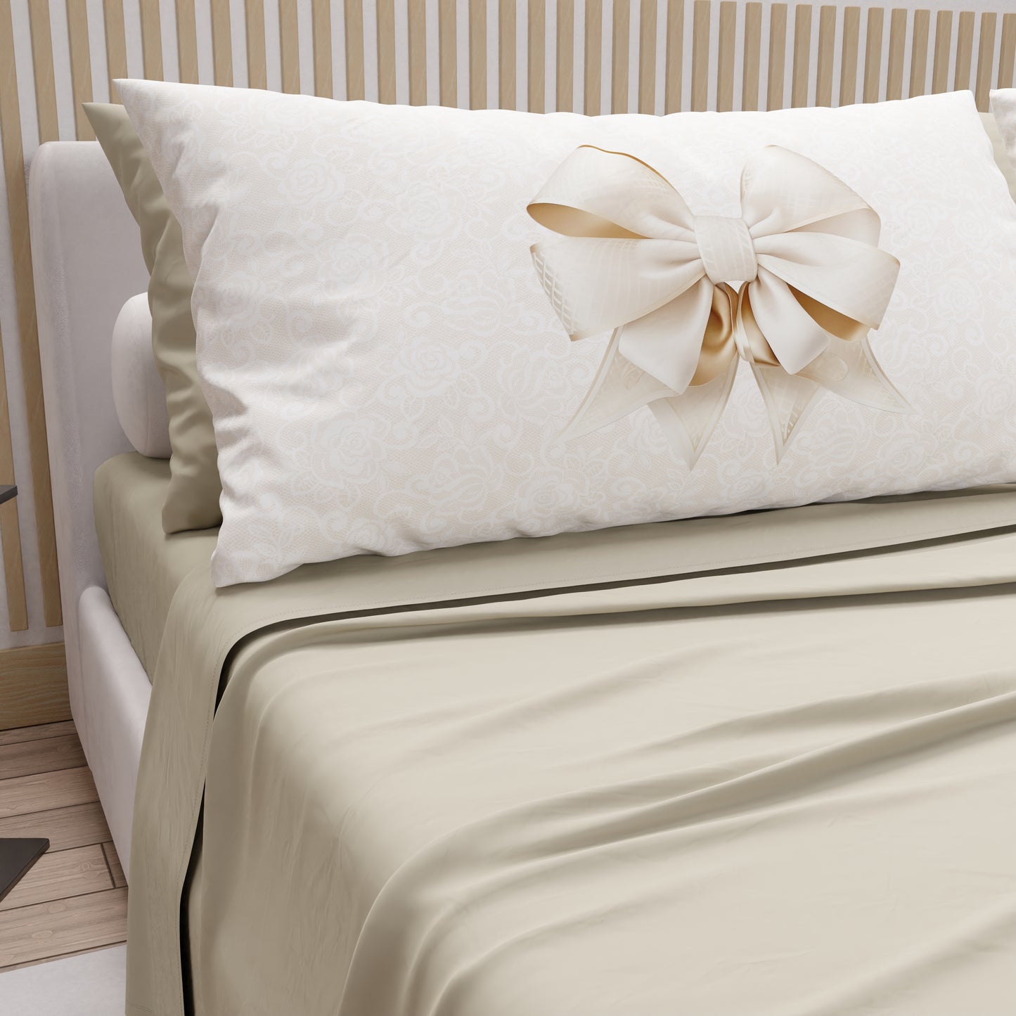 Cotton Sheets, Bed Set with Beige Bow Digital Print Pillowcases