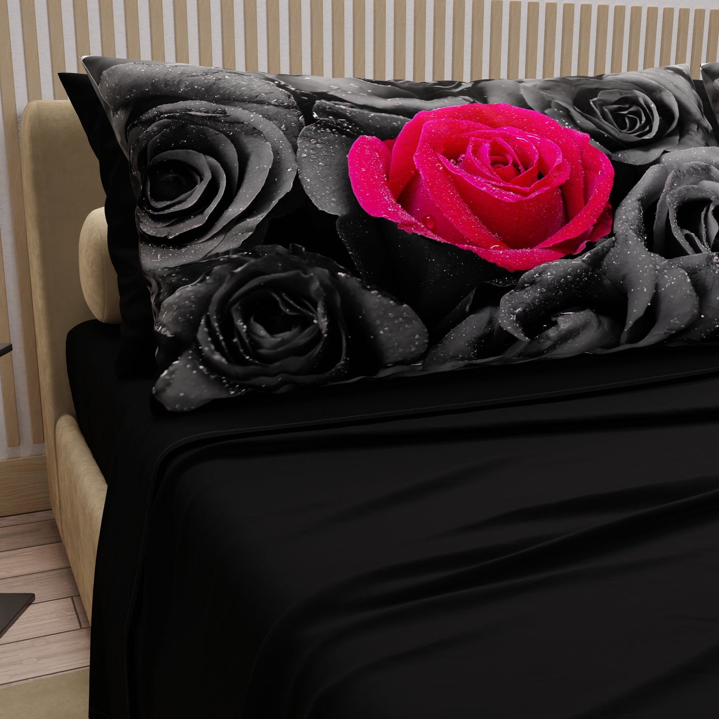 Draps en Coton, Parure de Lit avec Taies d'Oreiller en Impression Digitale Roses Noires
