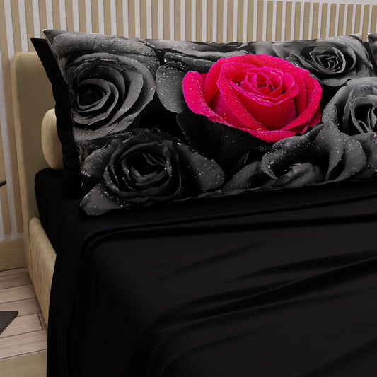 Draps en Coton, Parure de Lit avec Taies d'Oreiller en Impression Digitale Roses Noires