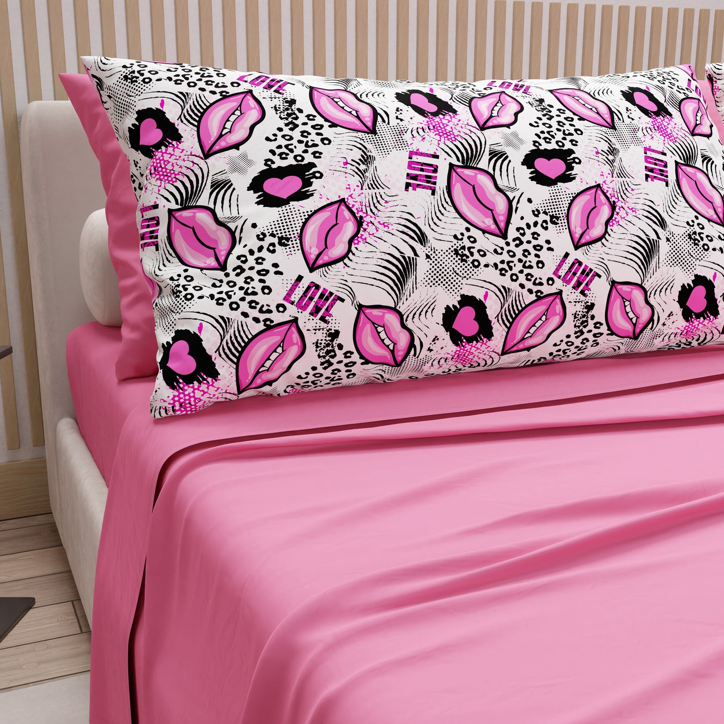 Draps en Coton, Parure de Lit avec Taies d'Oreiller en Impression Digitale Rouge à Lèvres Blanc