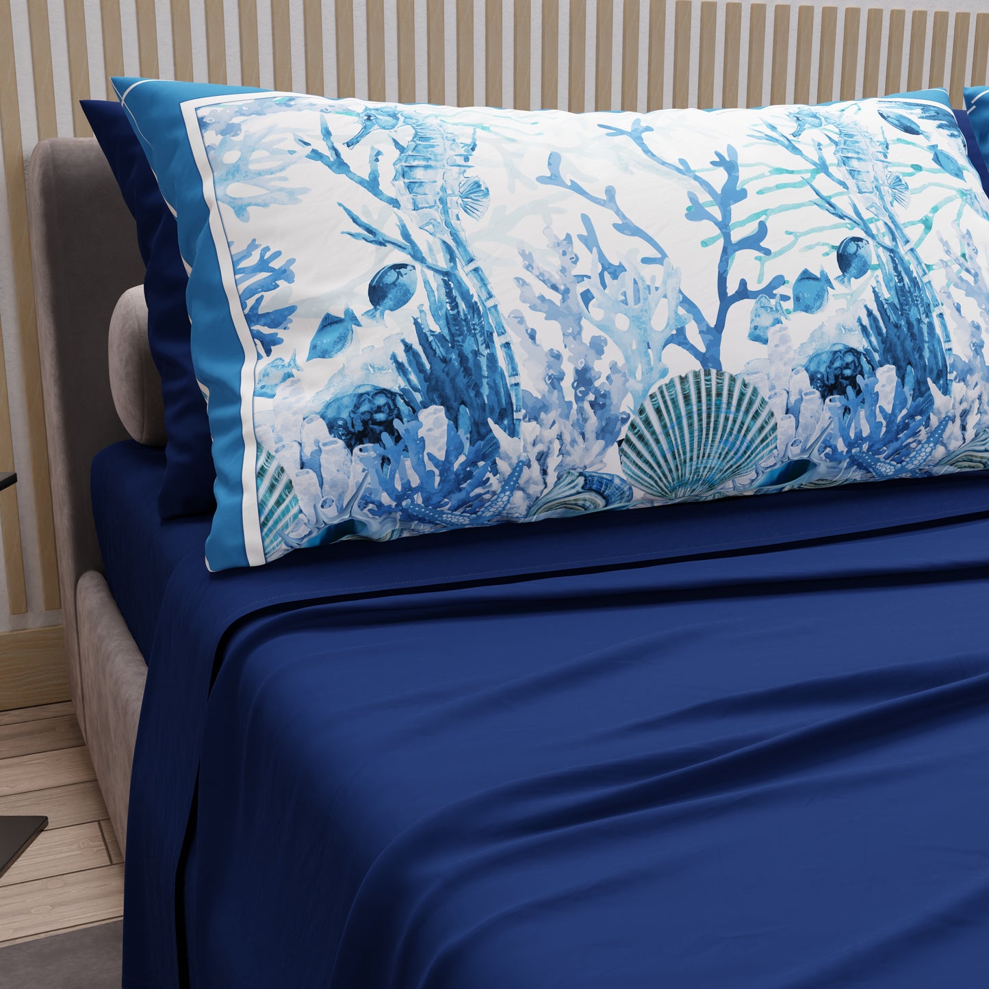 Lenzuola in Cotone, Completo Letto con Federe in Stampa Digitale Corallo Blu