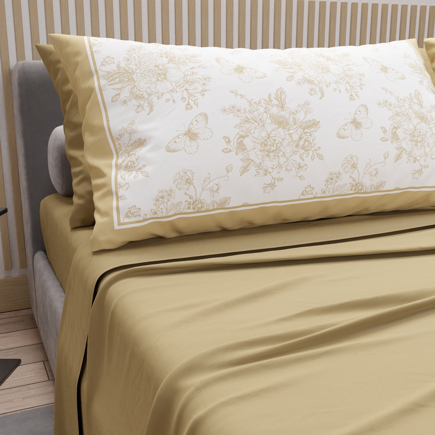 Draps en Coton, Parure de Lit avec Taies d'Oreiller en Impression Numérique Botanique Taupe