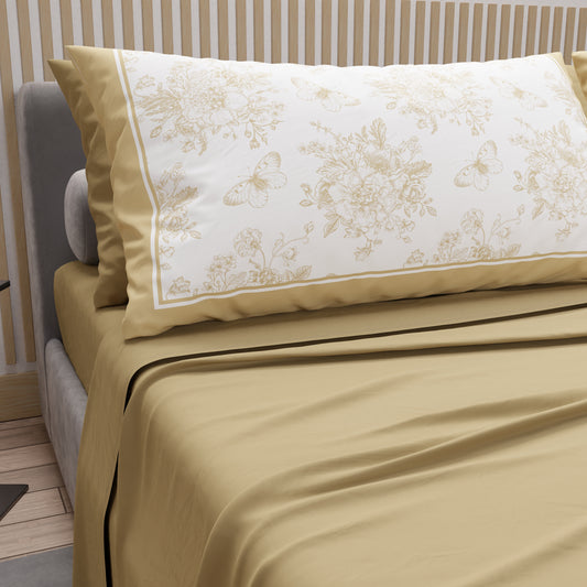 Lenzuola in Cotone, Completo Letto con Federe in Stampa Digitale Botanic Tortora