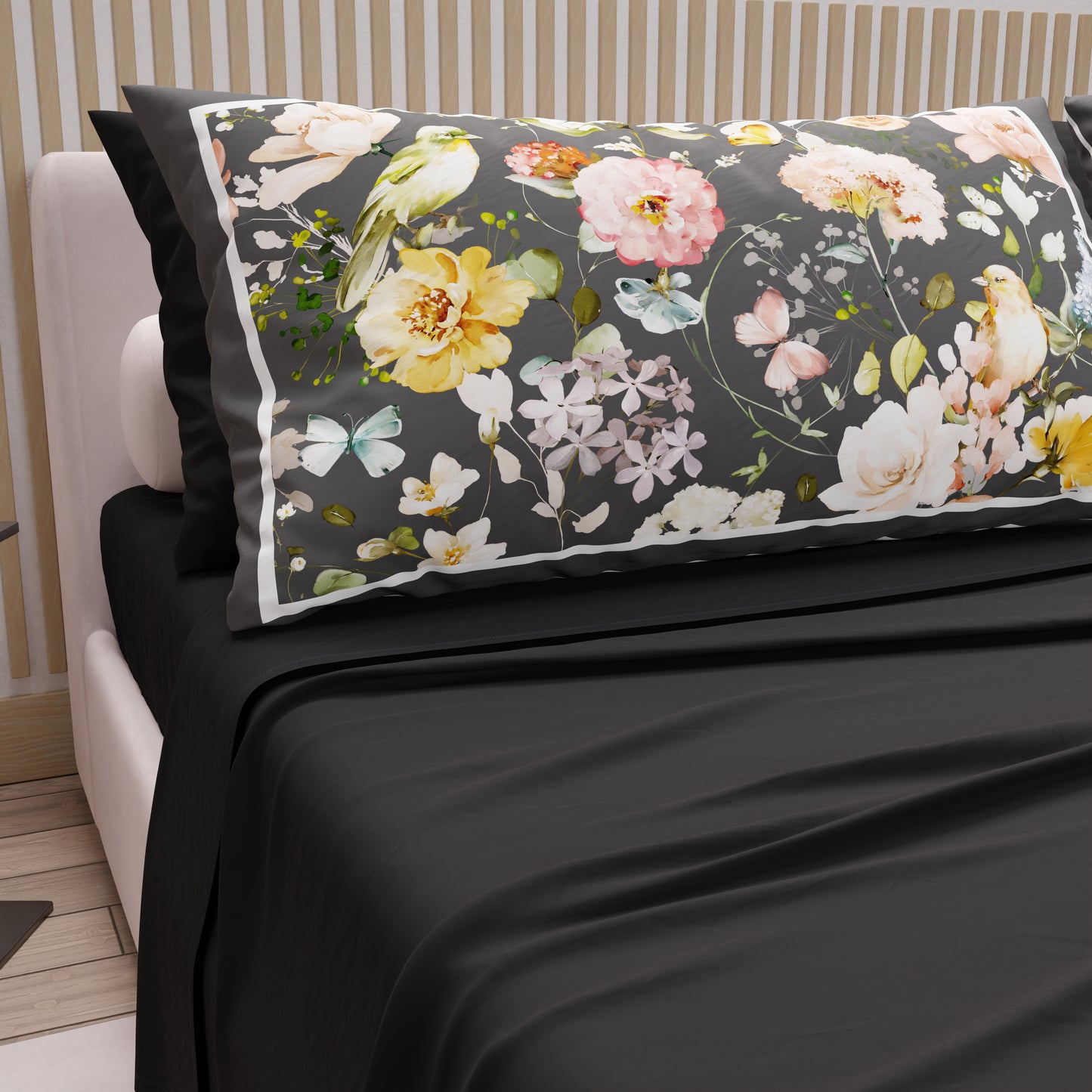 Cotton Sheets, Bed Set with Floral Digital Print Pillowcases 06-Black