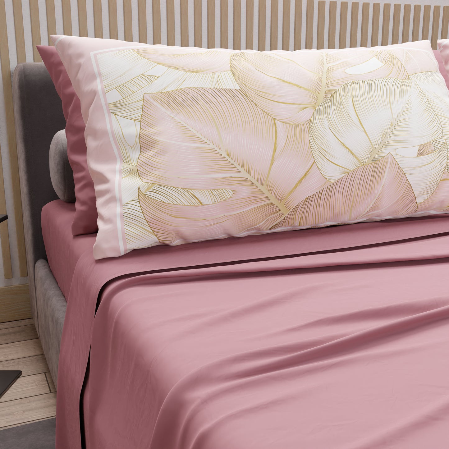 Draps en Coton, Parure de Lit avec Taies d'Oreiller en Impression Numérique Tropical Poudré-Or