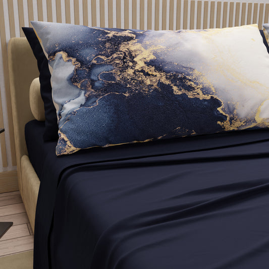Lenzuola in Cotone, Completo Letto con Federe in Stampa Digitale Marble 08 Blu