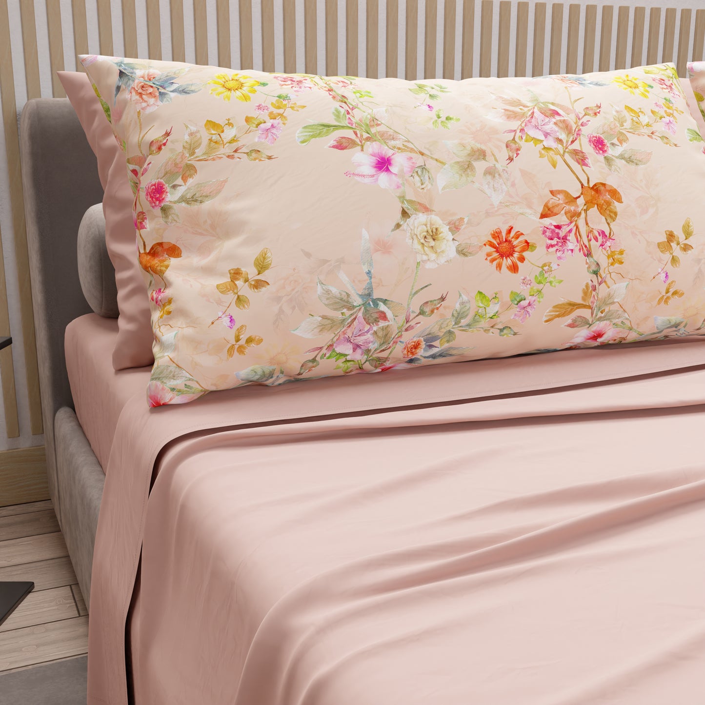 Lenzuola in Cotone, Completo Letto con Federe in Stampa Digitale Spring Cipria