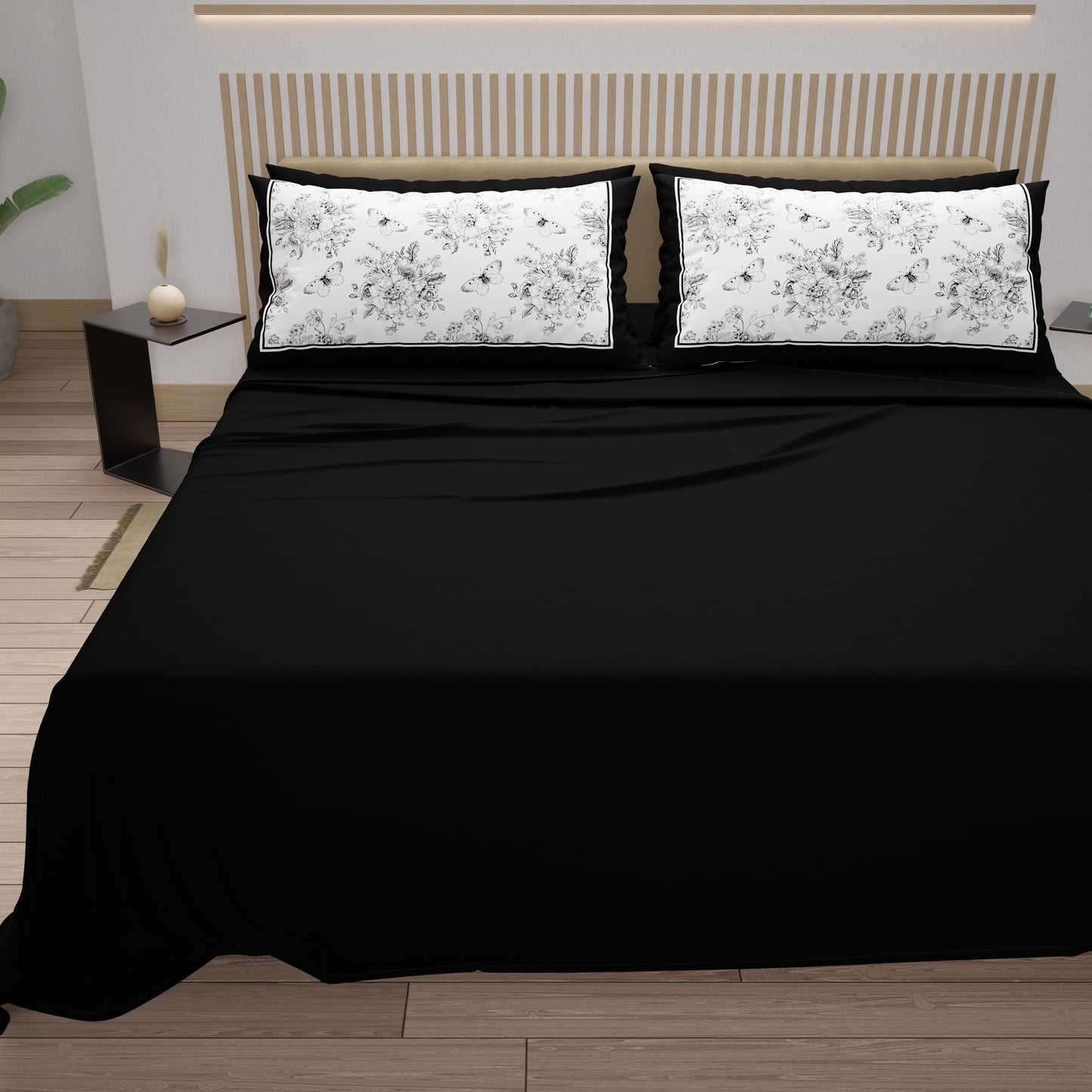 Lenzuola in Cotone, Completo Letto con Federe in Stampa Digitale Botanic Nero