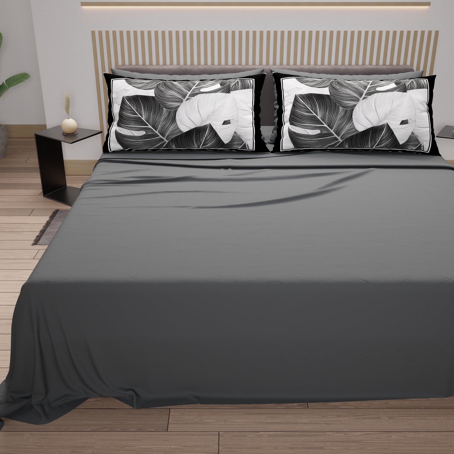 Draps en Coton, Parure de Lit avec Taies d'Oreiller en Impression Numérique Tropical Noir-Argent